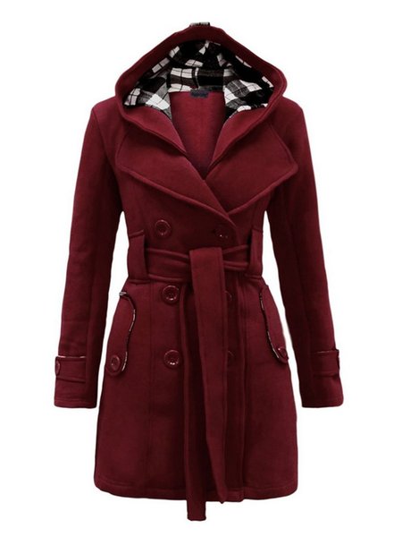 

Double Breasted Slim Hoodie Solid Casual Long Pea Coat with Belt, Burgundy, Dresses