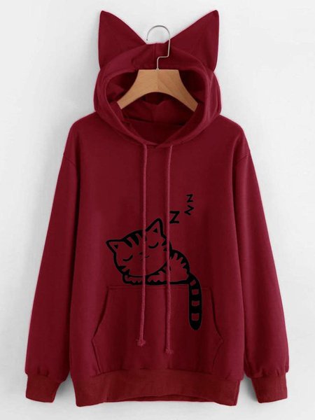 

Long Sleeve Cat Printed Hoodie, Burgundy, Sweatshirts & Hoodies