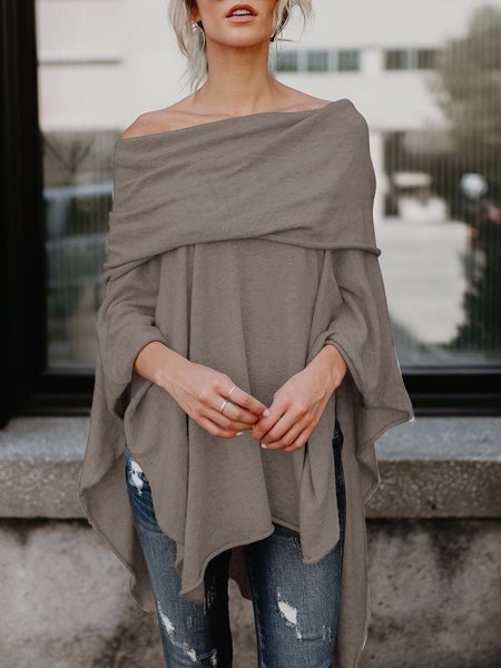 Batwing Solid Asymmetrical Casual Top Coffee/4XL