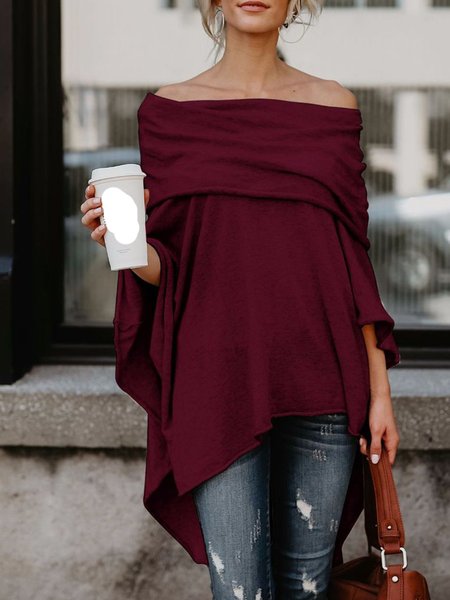 

zolucky Fashion Solid Casual Off Shoulder Asymmetric Casual Tops, Burgundy, T-Shirts