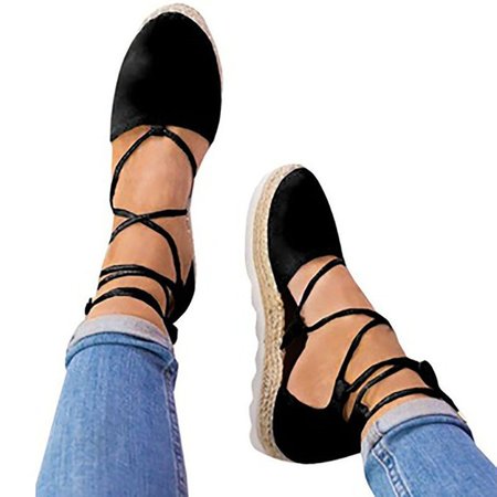 

Women Fashion Ankle Strap Flats Sandals Plus Size Lace-up Shoes, Black, Sandals