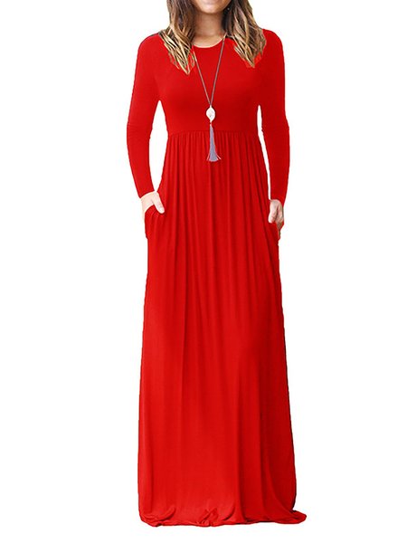 

Women Daily Long Sleeve Casual Wool blend Plain Spring Dress, Red, Spring Dresses