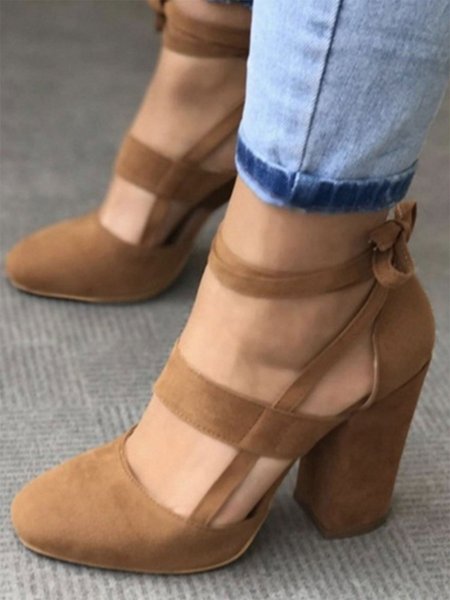 

Suede Round Toe Lace Up Chunky Heel Pumps, Brown, Heels