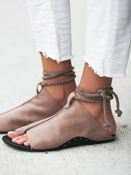 

Solid Color Flat Lace-Up Open Toe Sandals, Coffee, Sandals & Slippers
