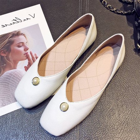 

Soft Date Imitation Pearl Square Toe Date Flats, White, Flats