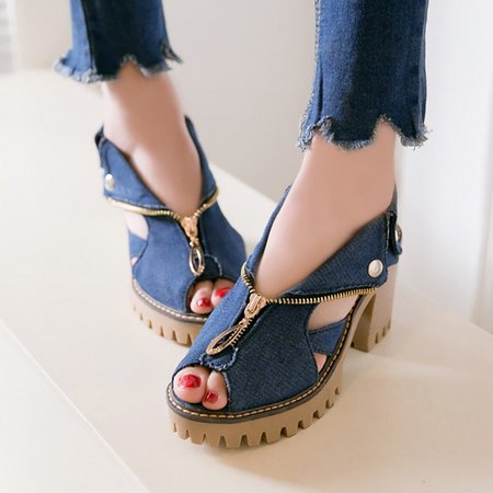 

Denim Peep Toe Platform Women Chunky Sandals, Dark blue, Sandals