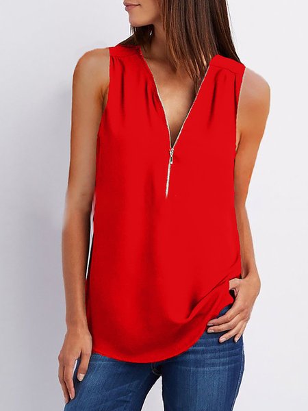 

Women T-Shirt V neck Solid Short Sleeve Zipper, Red, T-Shirts