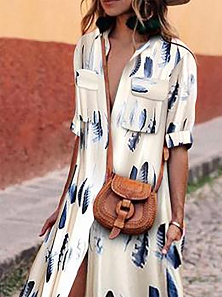 

Shawl Collar White Swing Women Half Sleeve Floral Floral Dress, Maxi Dresses