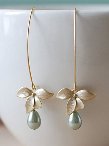 

Women Stud Orchid Flower Sage Green Pearl Earring Hook Dangle Bridal, As picture, Earrings