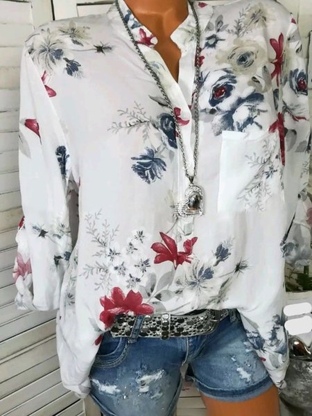 

Floral Long Sleeve V neck Cotton Blouse, White, Shirts & Blouses