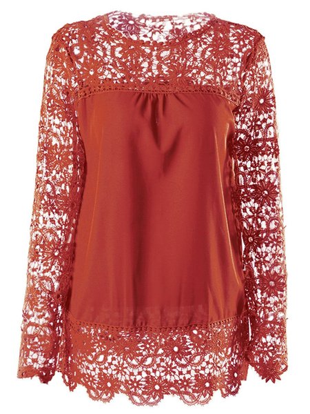 

Chiffon Long Sleeve Solid Crew Neck Lace Blouse, Brick red, Tops