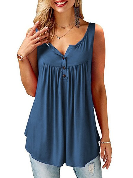 

V neck Solid Sleeveless Buttoned Tanks, Sky blue, Tanks & Camis