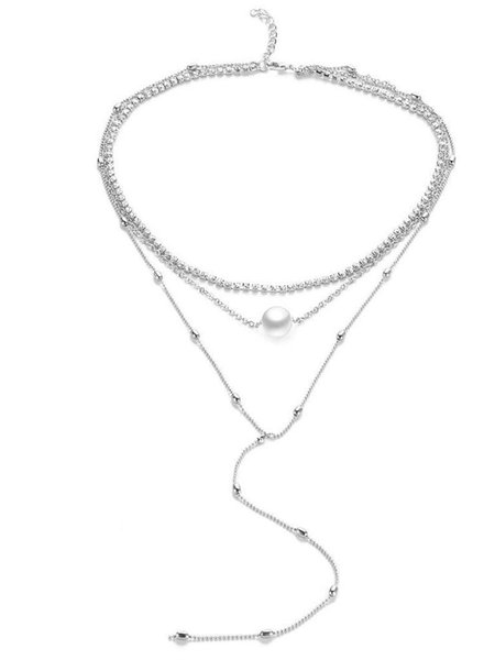 

Stellar Collar Rhinestone 3-Layered Necklace Lobster Claw Clasp Beads Chain, Silver, Accessories