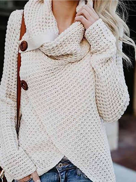 

Solid Buttoned Long Sleeve Knitted Turtle Neck Sweater, Beige, Sweaters