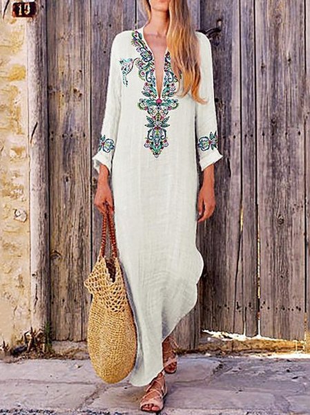 

Stand Collar Light_green Women Beach Long Sleeve Holiday Tribal Casual Dress, Beige, Spring Dresses