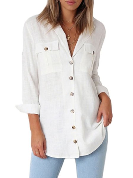 

Long Sleeve Linen Elegant Pockets Shawl Collar Blouse, Red, Shirts & Blouses