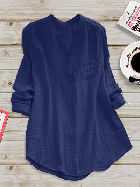 

zolucky Casual Paneled Stand Collar Linen Plus Size Blouse, Navy blue, Blouses & Shirts