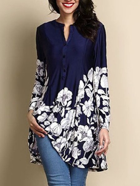 

Floral Long Sleeve Stand Collar Printed/Dyed Blouse, Navy blue, Shirts & Blouses