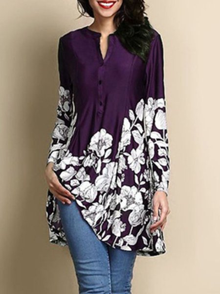 

Floral Long Sleeve Stand Collar Printed/Dyed Blouse, Purple, Shirts & Blouses