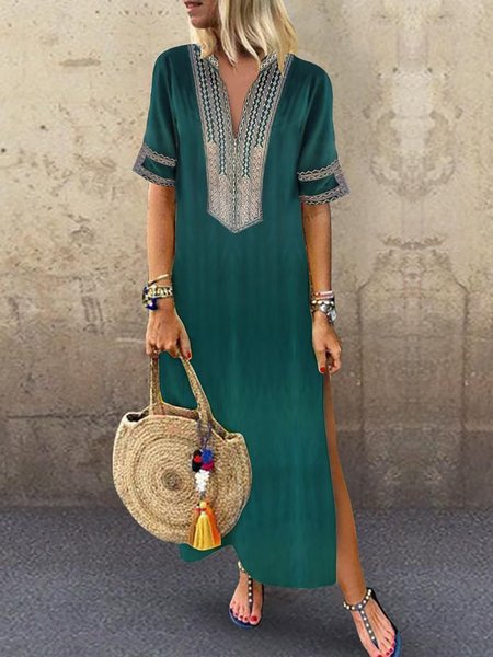 

V neck Green Shift Women Daily Statement Half Sleeve Slit Solid Summer Dress, Purple, Casual Dresses