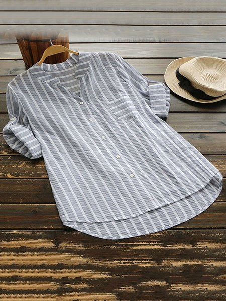 

V neck Shift Women Daily Cotton Casual Striped Casual Dress, Light gray, Elegant Dresses