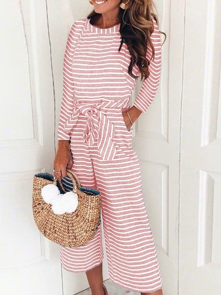 

Casual Crew Neck Striped High-rise Jumpsuits, Pink, Jumpsuits＆Rompers