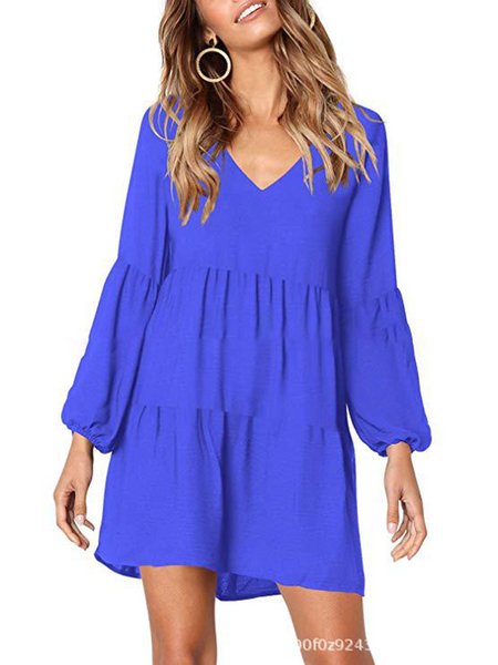

V neck Shift Women Daily Balloon Sleeve Casual Paneled Solid Fall Dress, Royal blue, Auto-clearance