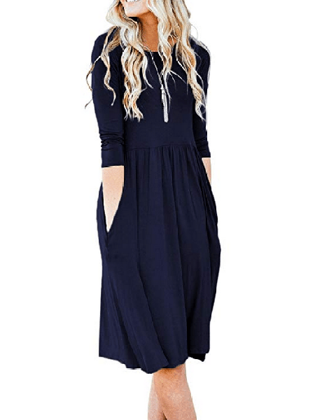 

Women Daily Casual Cotton Long Sleeve Pockets Spring Dress, Navy blue, Spring Dresses