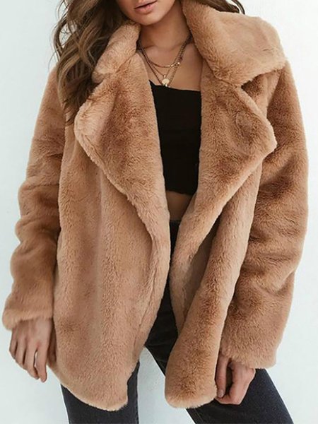 

PU Elegant Winter Shawl Collar Wool blend Faux Fur Coat, Brown, Coats