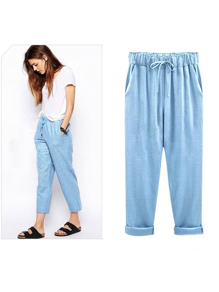 

Cotton Linen Casual Solid Gathered Pant, Blue, Pants