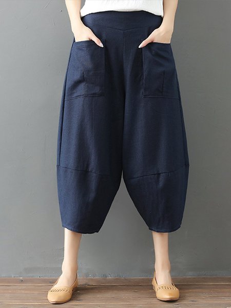 

Casual Solid Linen Pockets Plus Size Pants, Navy blue, Pants