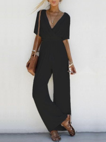 

Half Sleeve Casual Solid Surplice Neck Fashion Plus Size Jumpsuits, Black, Auto-Clearance