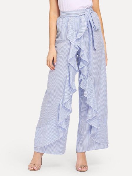 

Ruffled Casual Striped Bow Pants, Blue, Pants