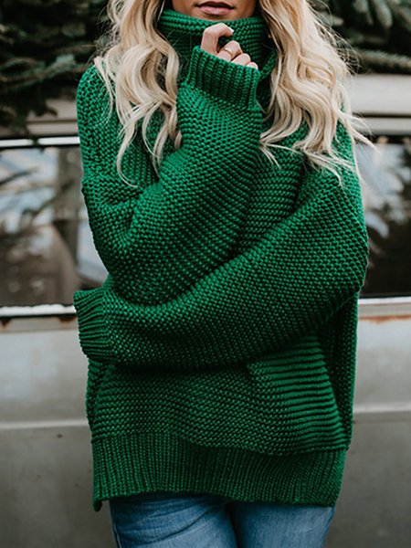 

Knitted Casual Shift Long Sleeve Turtleneck Sweater, Green, Pullovers