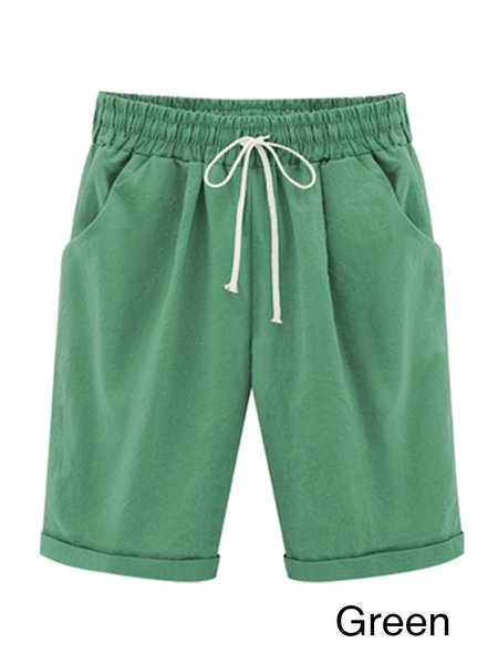 

Casual Solid Cotton-blend Gathered Vacation Pant, Green, Shorts