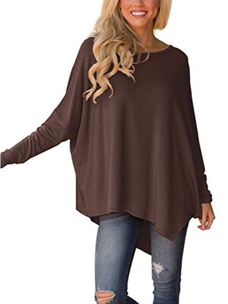 

Asymmetric Casual Crew Batwing Neck Solid T-Shirt, Coffee, Tunics