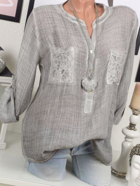 

Lace Paneled Long Sleeve Crew Neck Blouse, Gray, Auto-Clearance