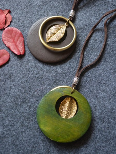 

Wood Metal Geometry Vintage Leaf Necklace, Green, Necklaces