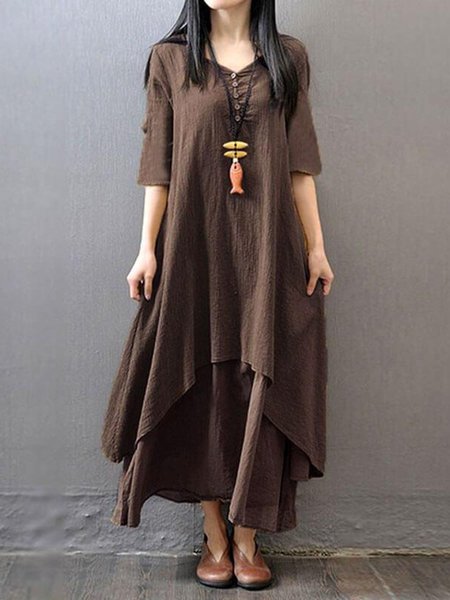 

Plus Size Women Asymmetrical Daily 3/4 Sleeve Casual Asymmetric Solid Dress, Khaki, Maxi Dresses