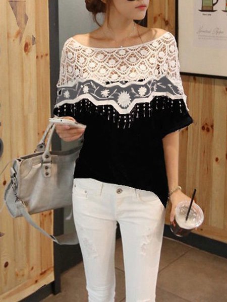 

Gray Paneled Bateau/boat Neck Elegant Blouse, Black, Shirts & Blouses