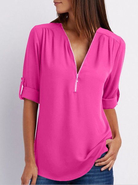 

JFN V Neck Solid Zipper Casual Blouse, Rose, Shirts & Blouses