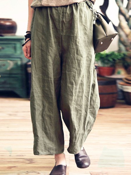 

Casual Shift Cotton Plain Pockets Plus Size Pants, Green, Pants