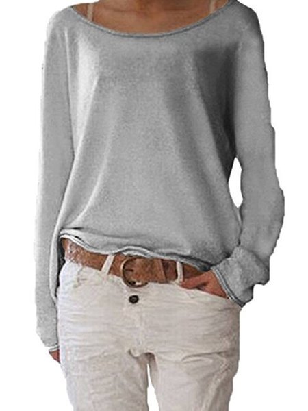 

Solid Crew Neck Long Sleeve Casual T-Shirt, Gray, Tops