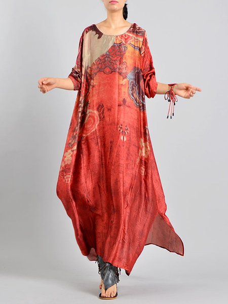 

Shift Women Daily Long Sleeve Slit Graphic Casual Dress, Red, Casual Dresses