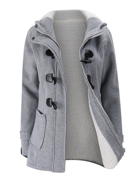 Women Horn Button Coton Fleece Hooded Duffle Coat