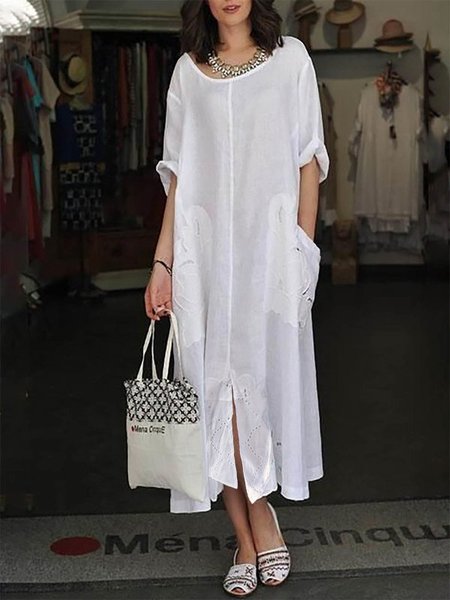 

Casual White Shift 3/4 Sleeve Crew Neck Solid Dress, Maxi Dresses