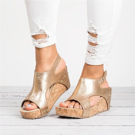 

Plus Size Peep Toe PU Wedges Blocking Hook-Loop Wedge Sandals, Gold, Sandals