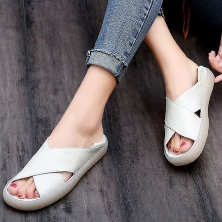 

Women Faux Leather Sandals Casual Comfort Peep Toe Shoes, White, Sandals