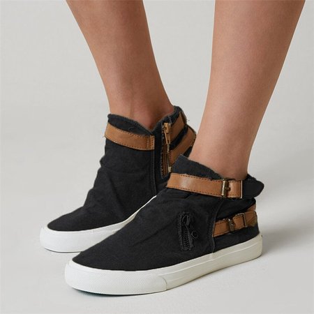 

Plus Size Canvas Ankle Boots Flat Heel Buckle Booties with Zipper, Black, Boots