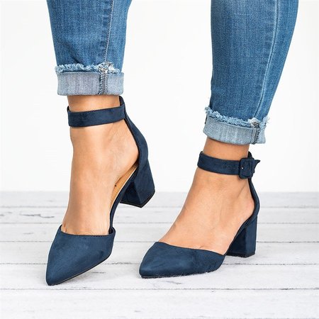 

Women Pointed Toe Chunky Heel Pumps Adjustable Buckle Sandals, Navy blue, Sandals